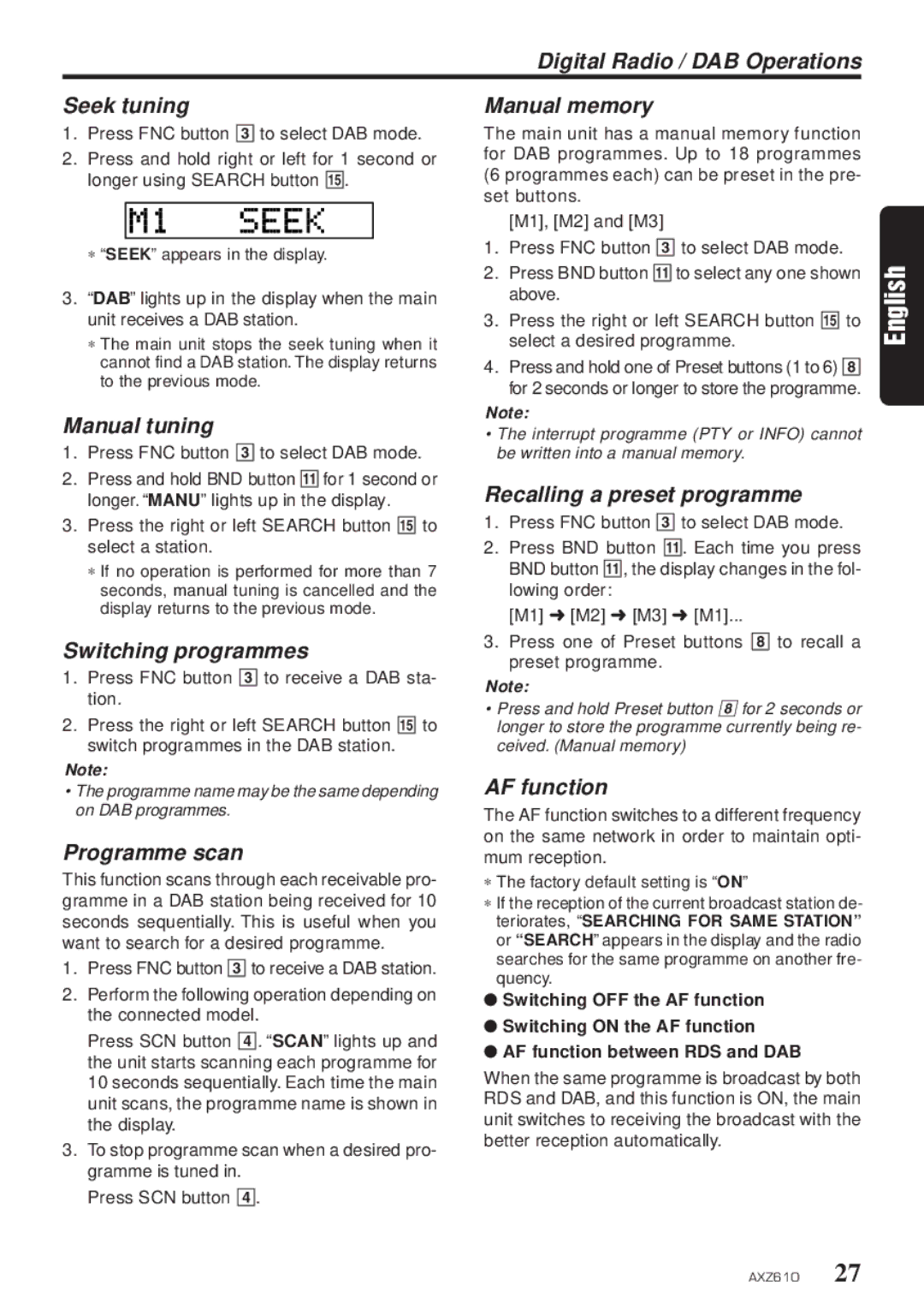 Clarion AXZ610 Digital Radio / DAB Operations Seek tuning Manual memory, Switching programmes, Programme scan, AF function 