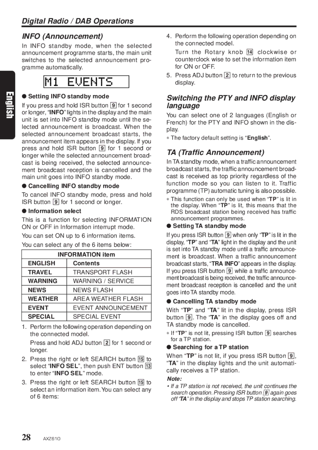 Clarion AXZ610 owner manual Digital Radio / DAB Operations Info Announcement, Switching the PTY and Info display language 