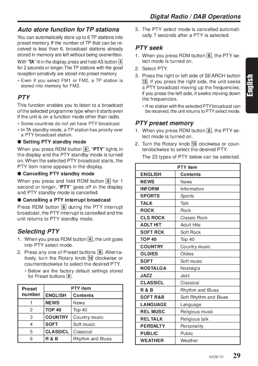 Clarion AXZ610 owner manual Selecting PTY, PTY seek, PTY preset memory 