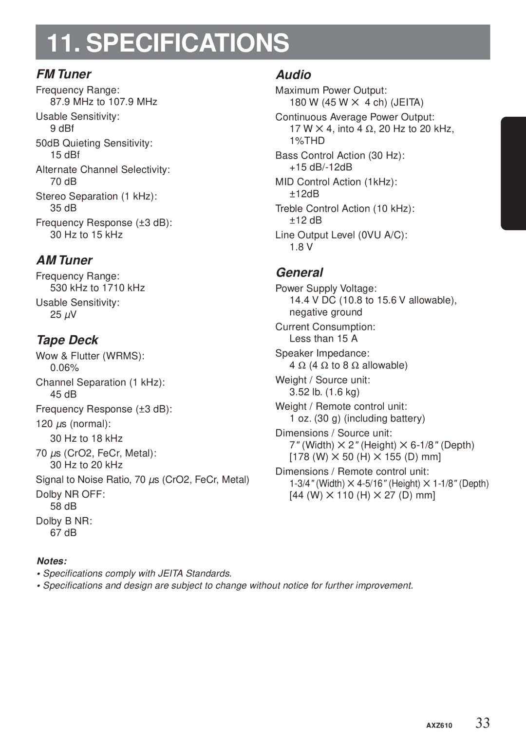 Clarion AXZ610 owner manual Specifications, FM Tuner Audio, AM Tuner, Tape Deck, General 