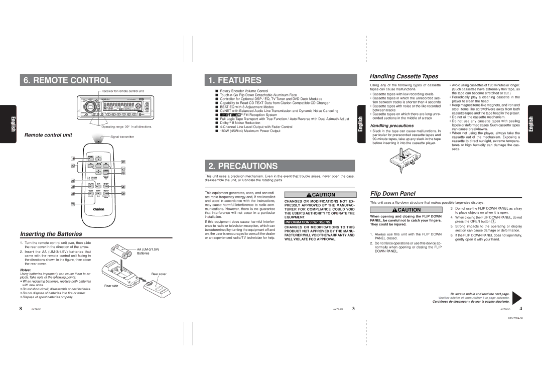 Clarion AXZ610 owner manual Features, Remote control unit 