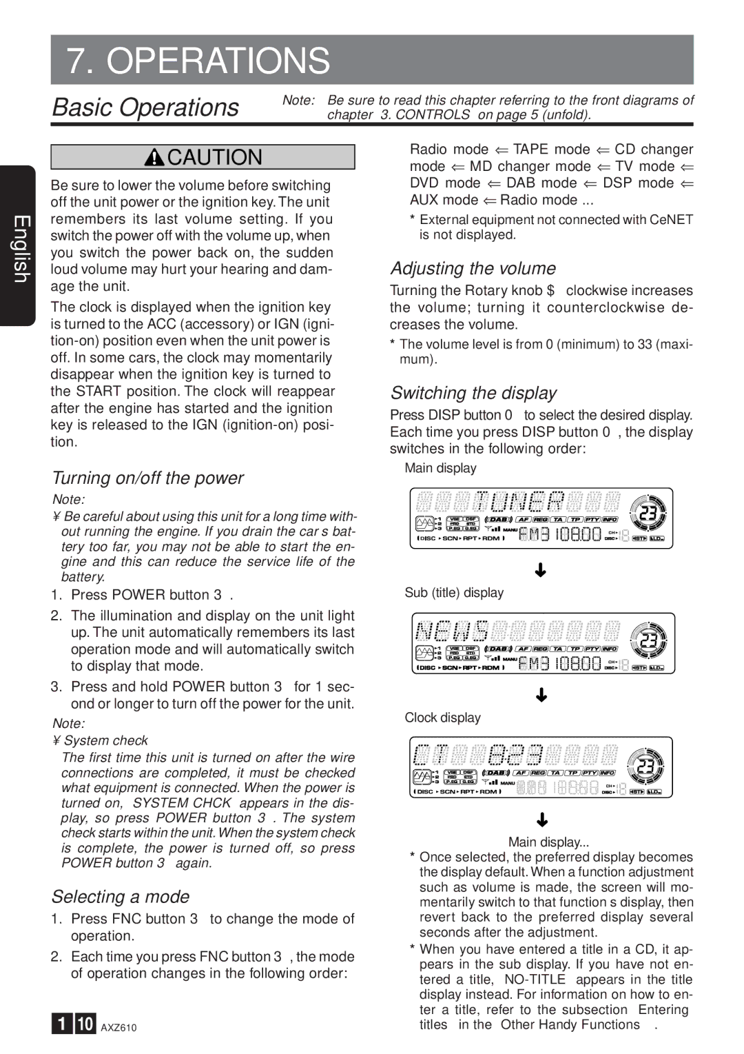 Clarion AXZ610 owner manual Basic Operations 