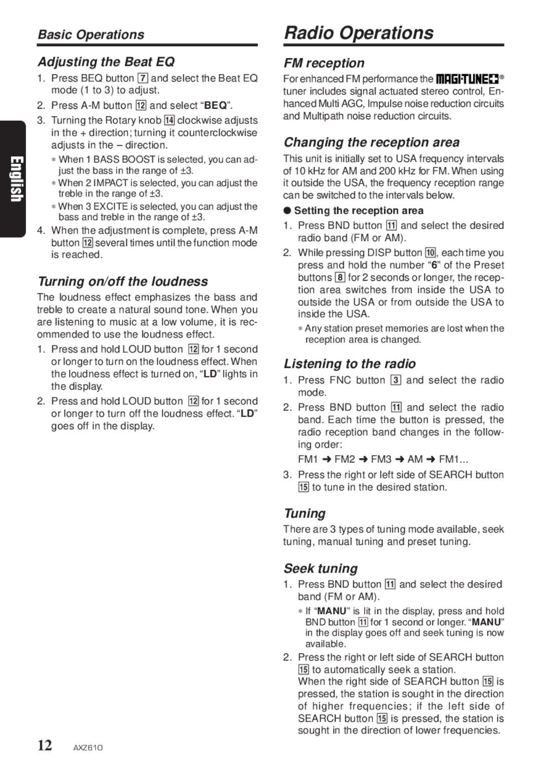 Clarion AXZ610 owner manual Radio Operations 