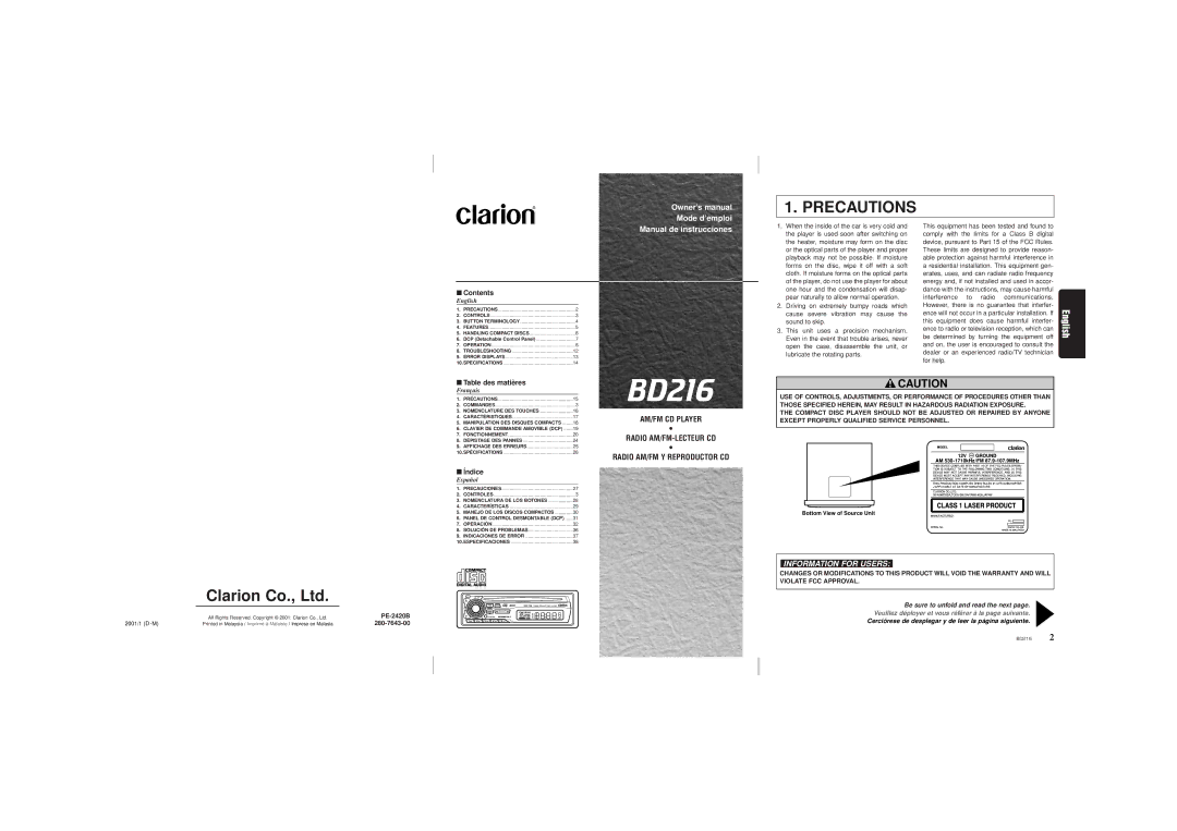 Clarion BD216 owner manual 