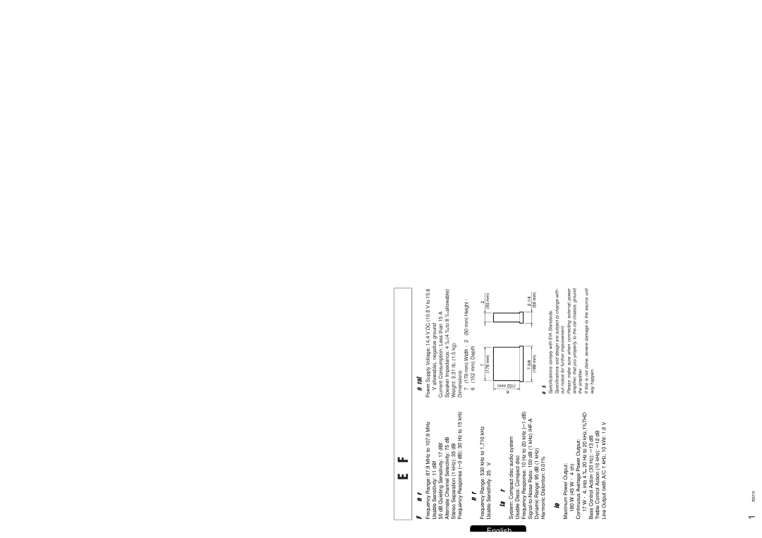 Clarion BD216 owner manual Specifications 