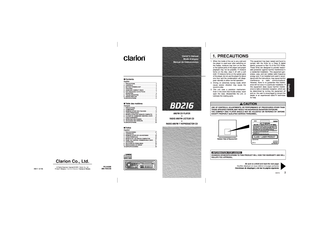 Clarion BD216 owner manual Precautions, English, Manual de instrucciones, Information For Users, Contents, Índice, Español 
