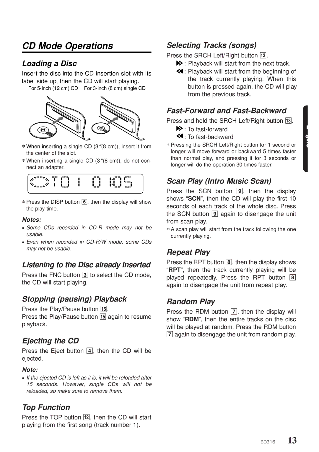 Clarion BD316 owner manual CD Mode Operations 