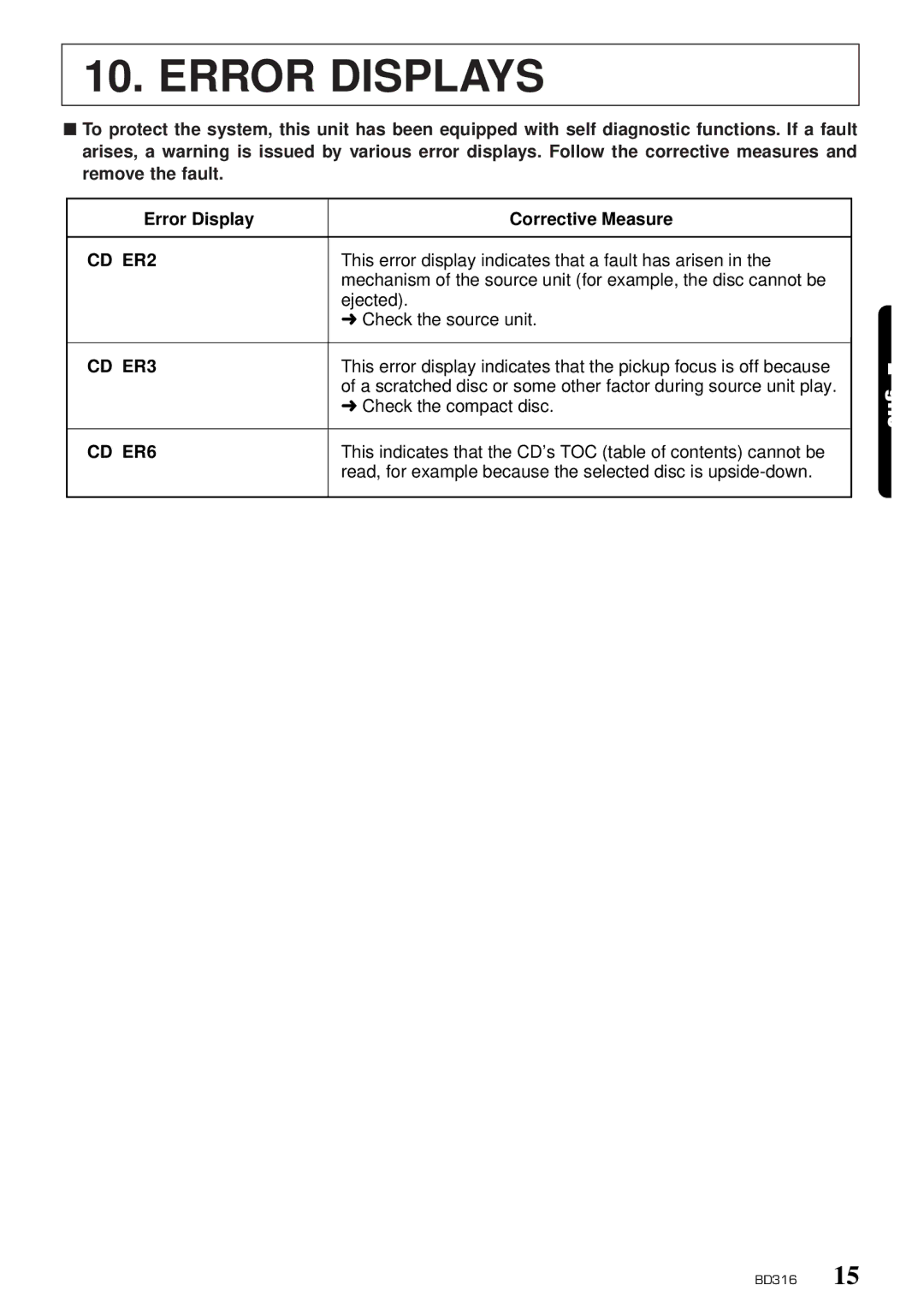 Clarion BD316 owner manual Error Displays, CD ER2 