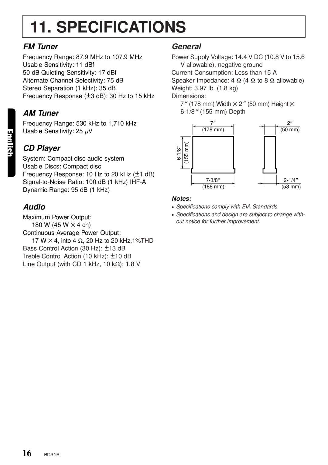 Clarion BD316 owner manual Specifications 