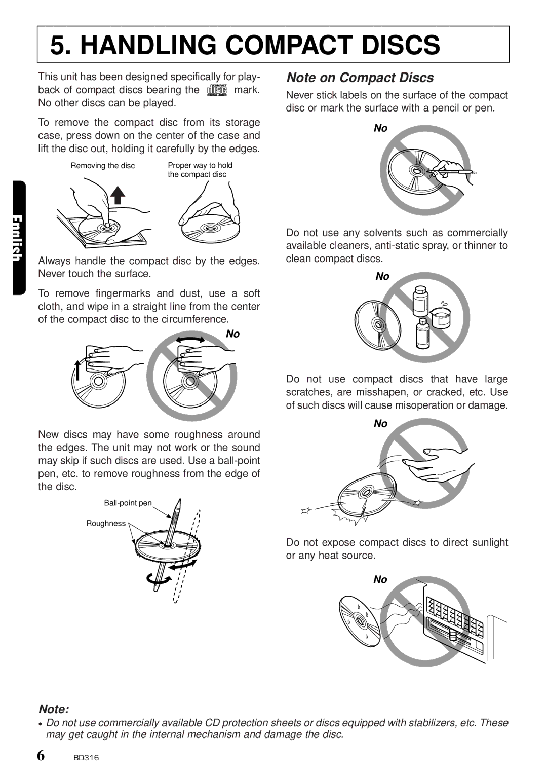 Clarion BD316 owner manual Handling Compact Discs, English 