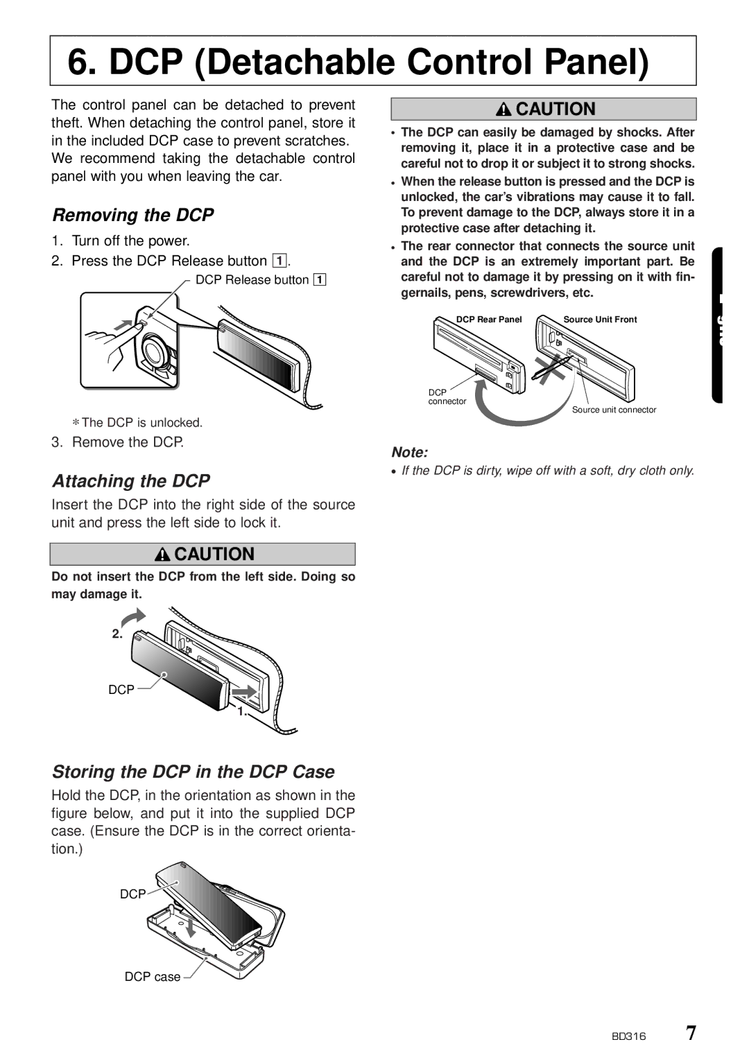 Clarion BD316 owner manual Removing the DCP, Attaching the DCP, Storing the DCP in the DCP Case 