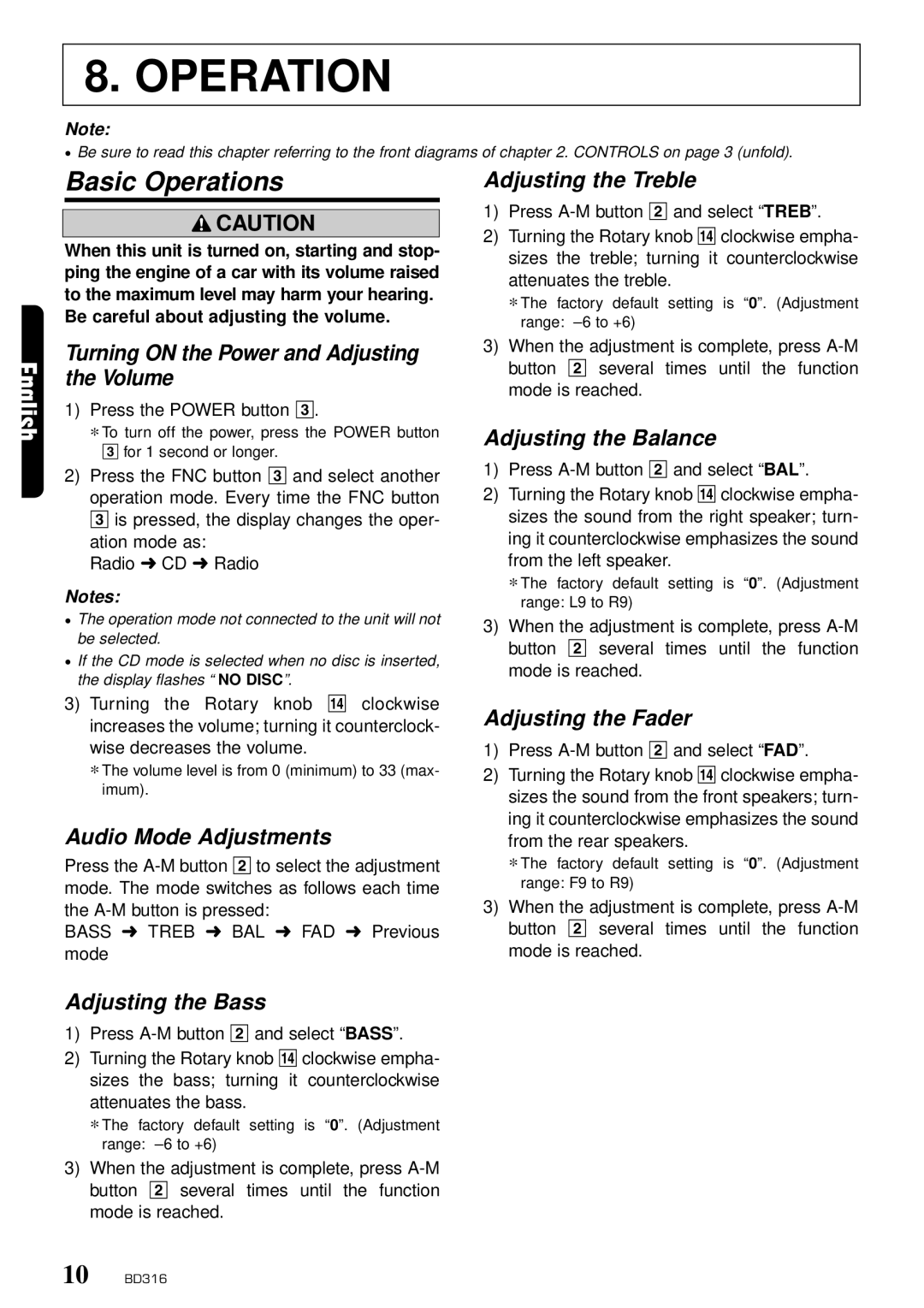 Clarion BD316 owner manual Basic Operations 