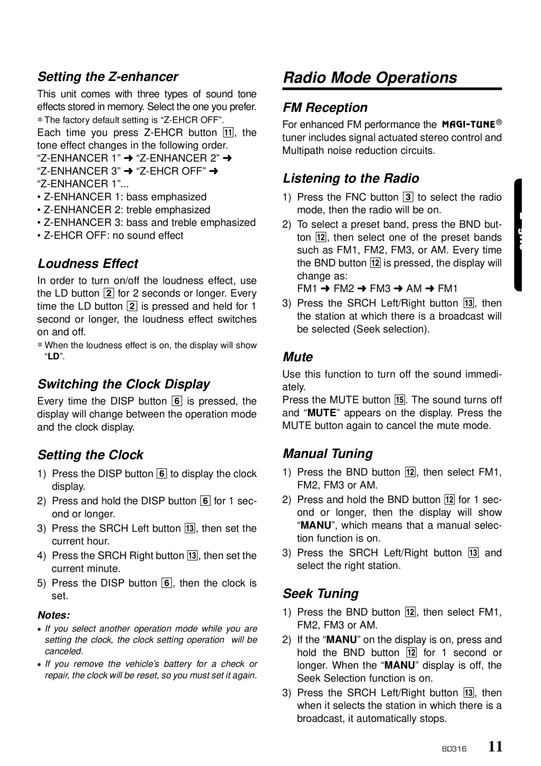 Clarion BD316 owner manual Radio Mode Operations 