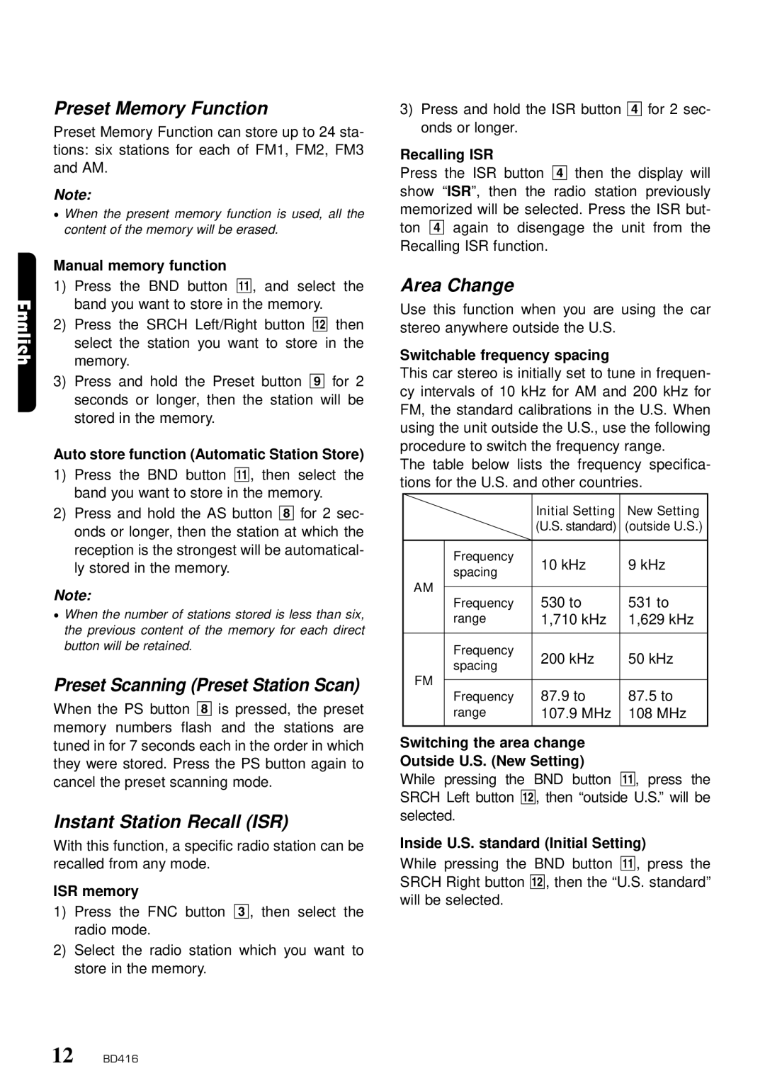 Clarion BD416 Preset Memory Function, Preset Scanning Preset Station Scan, Instant Station Recall ISR, Area Change 