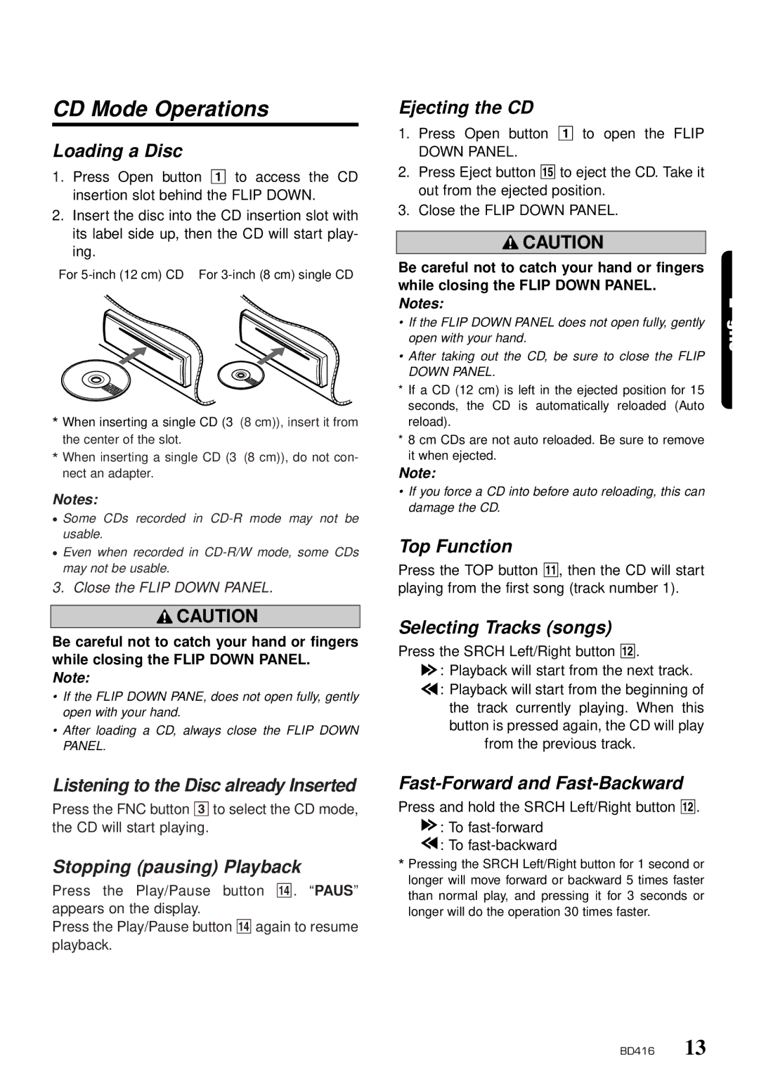 Clarion BD416 owner manual CD Mode Operations 