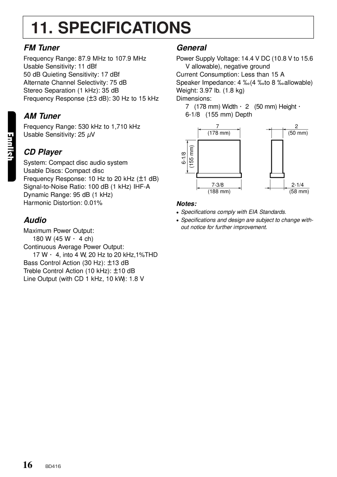 Clarion BD416 owner manual Specifications 