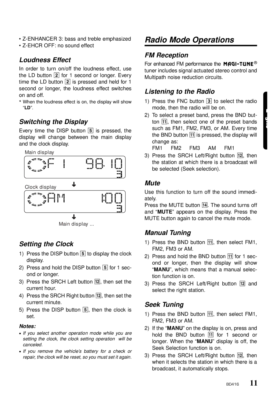 Clarion BD416 owner manual Radio Mode Operations 