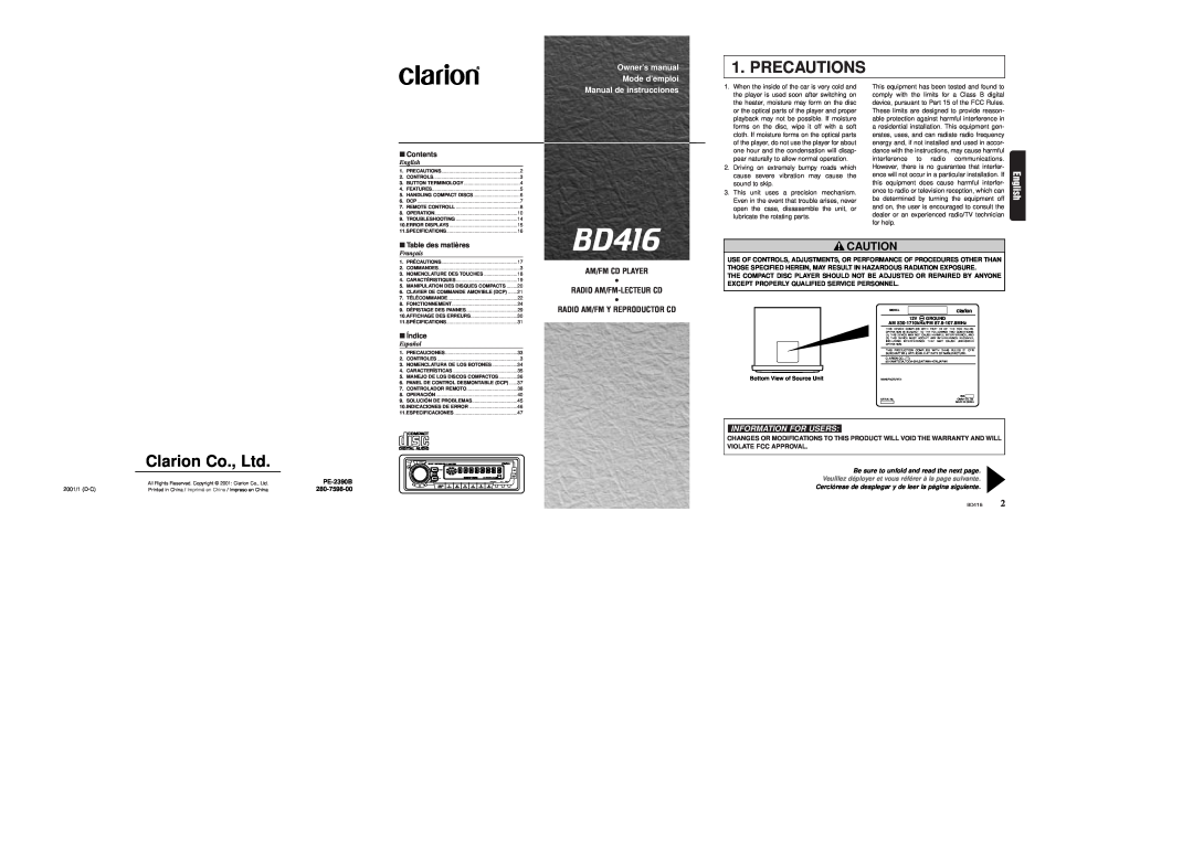 Clarion BD416 owner manual Precautions, English, Manual de instrucciones, DRX5675, Information For Users, PE-2390B 