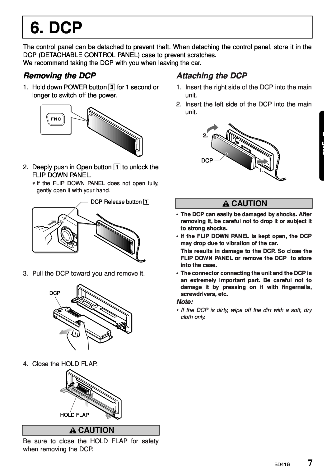 Clarion BD416 owner manual Dcp, Removing the DCP, Attaching the DCP 