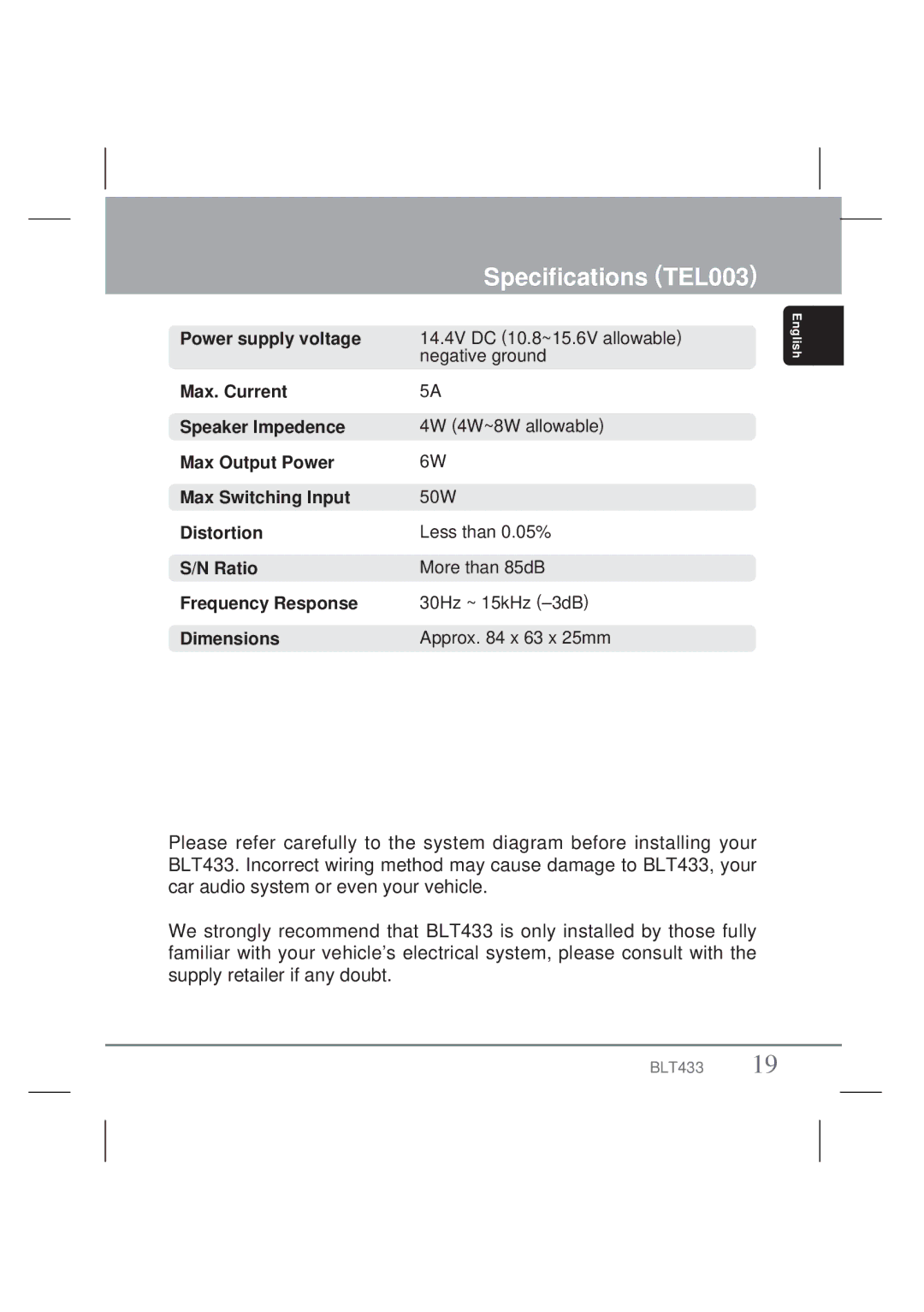 Clarion BLT433 owner manual Specifications TEL003 