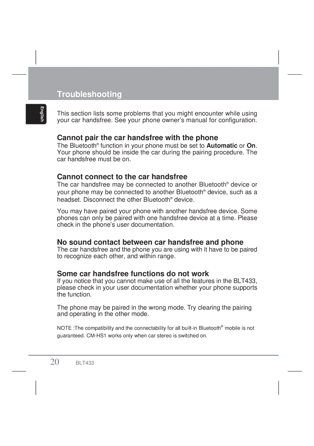 Clarion BLT433 Troubleshooting, Cannot pair the car handsfree with the phone, Cannot connect to the car handsfree 