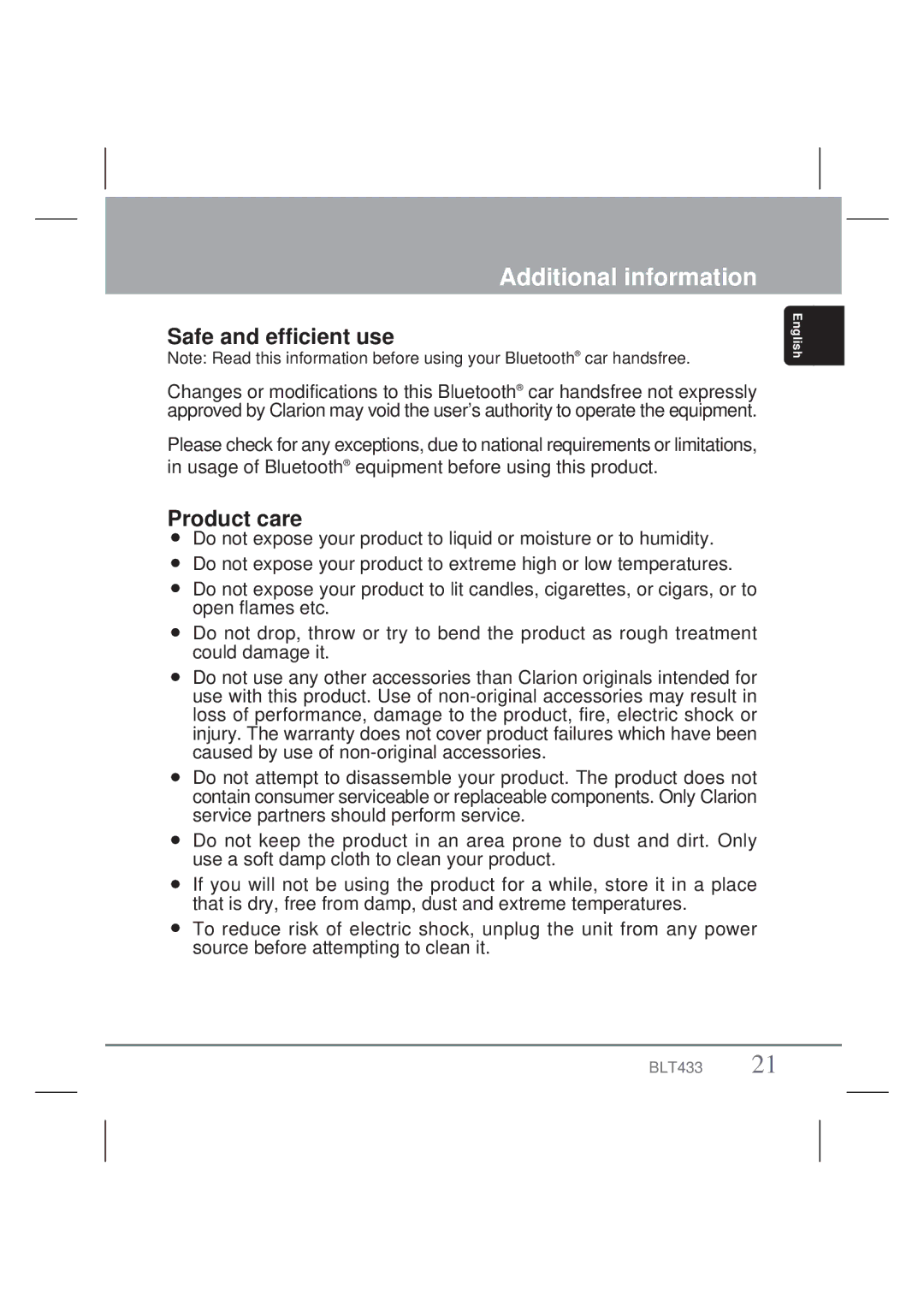 Clarion BLT433 owner manual Additional information, Safe and efficient use, Product care 