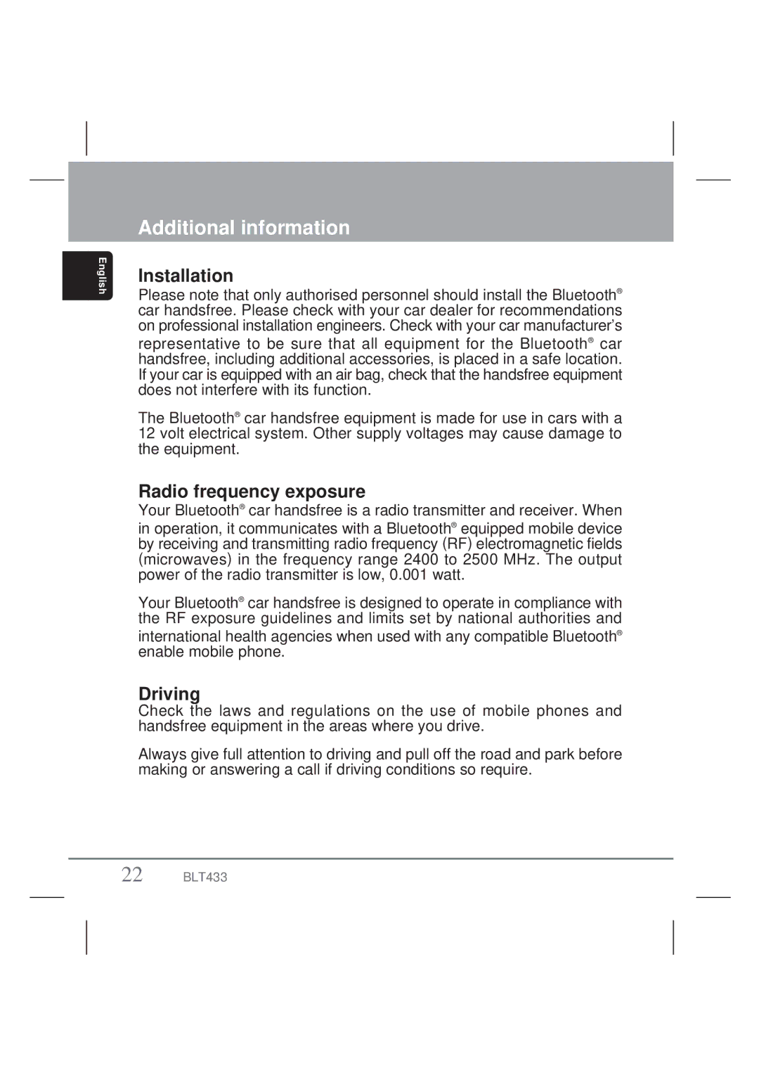 Clarion BLT433 owner manual Installation, Radio frequency exposure, Driving 