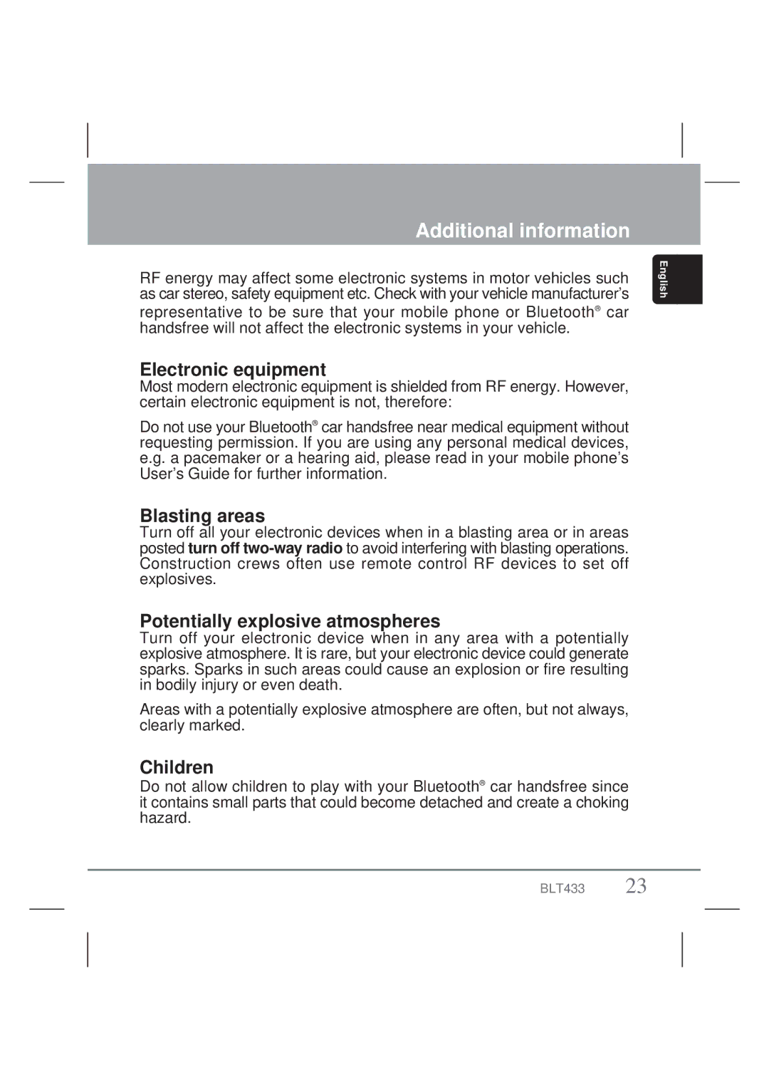 Clarion BLT433 owner manual Electronic equipment, Blasting areas, Potentially explosive atmospheres, Children 