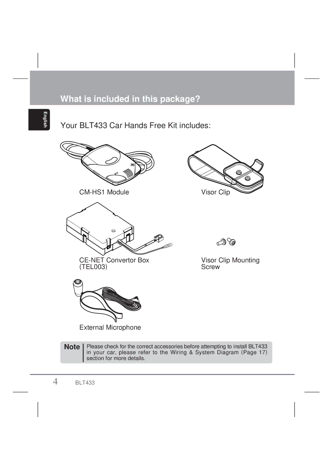 Clarion owner manual What is included in this package?, Your BLT433 Car Hands Free Kit includes 