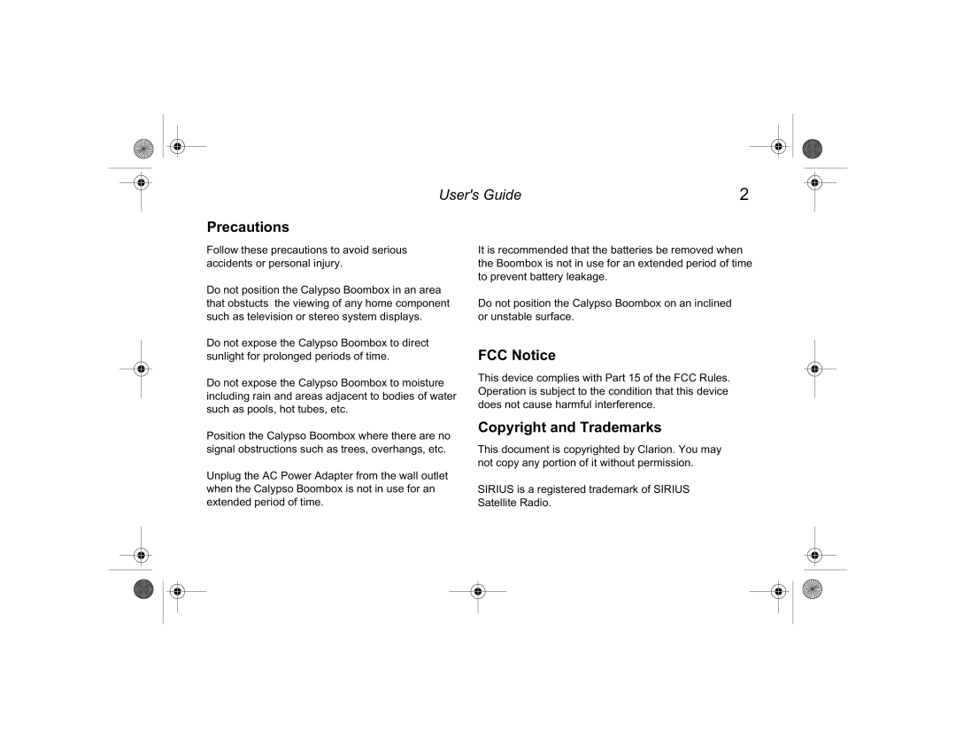 Clarion Boombox manual Precautions, FCC Notice, Copyright and Trademarks 