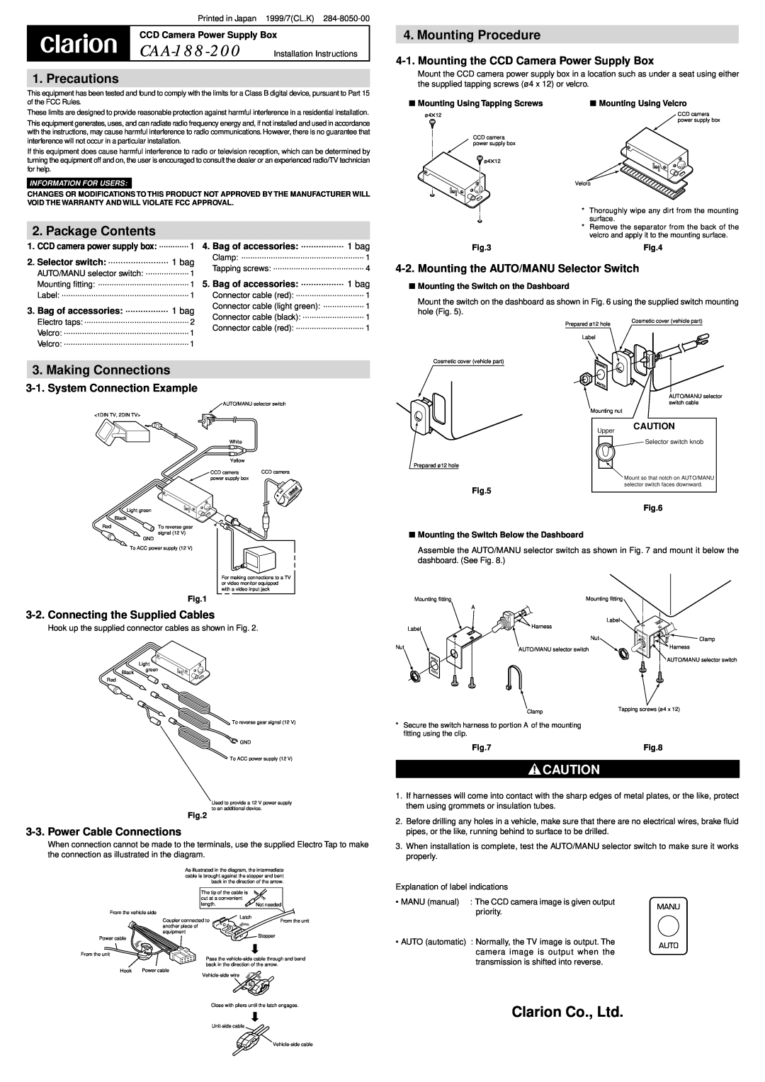 Clarion CAA-188-200 installation instructions Mounting Procedure, Precautions, Package Contents, Making Connections 