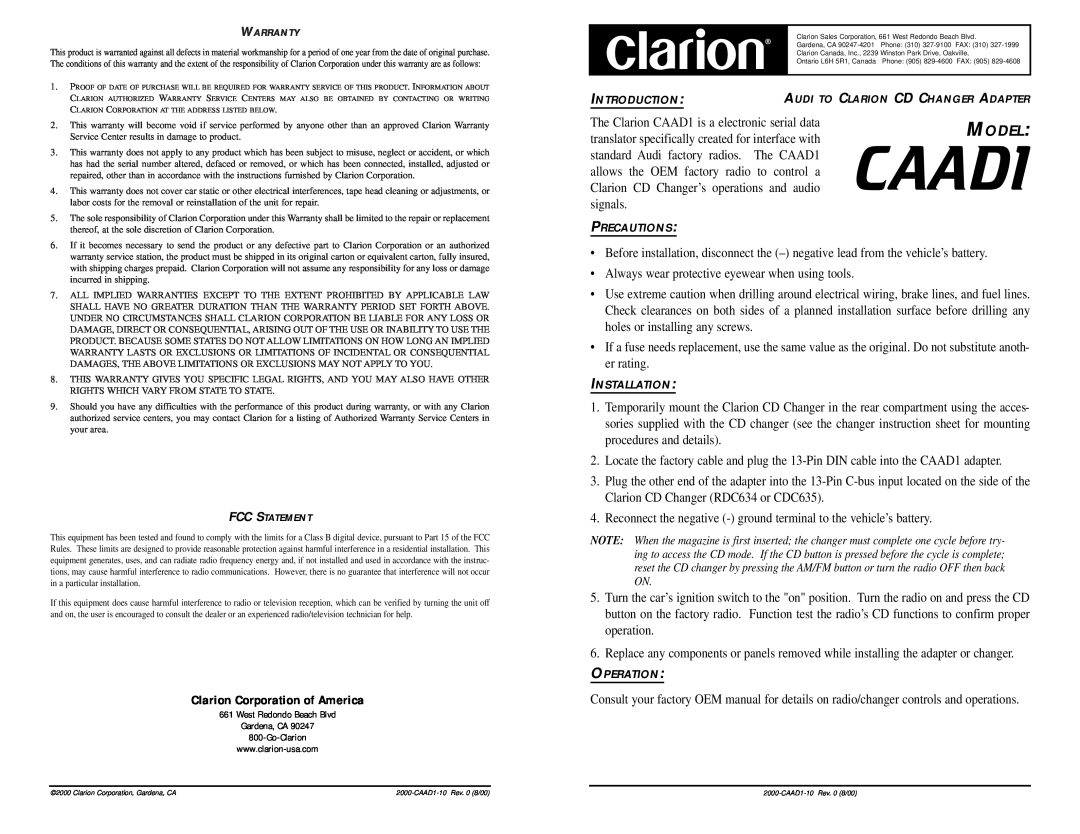 Clarion CAAD1 warranty Model, Clarion Corporation of America 