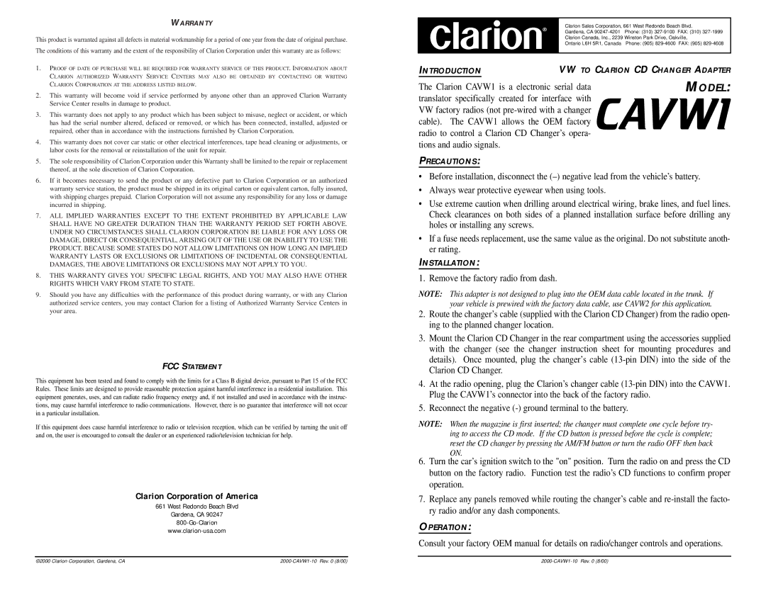 Clarion CAVW1 warranty Clarion Corporation of America, Warranty, FCC Statement 