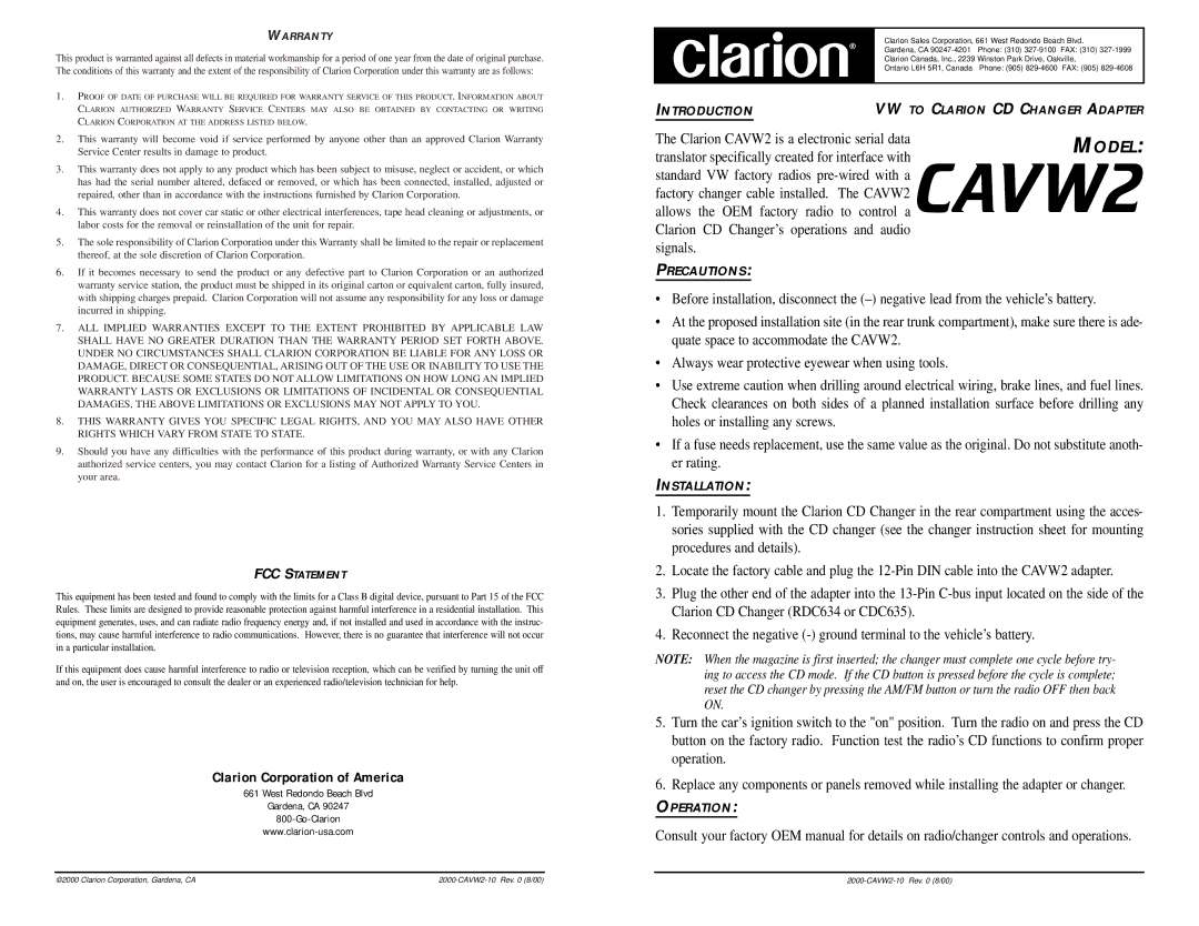 Clarion CAVW2 warranty Clarion Corporation of America, Warranty, FCC Statement 