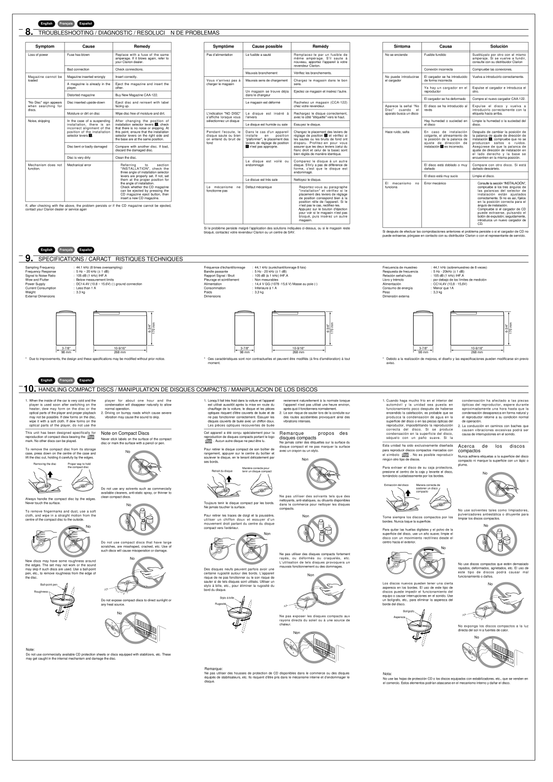 Clarion CDC1235 dimensions Specifications / Caracté Ristiques Techniques 