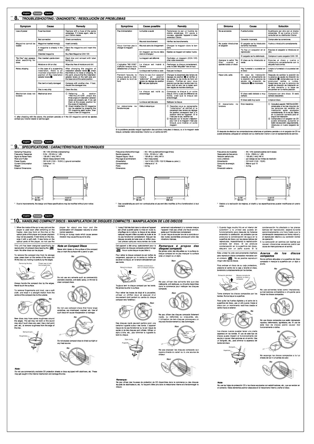 Clarion CDC1235 Specifications / Caracté Ristiques Techniques, Note on Compact Discs, Acerca de los discos compactos, Nota 