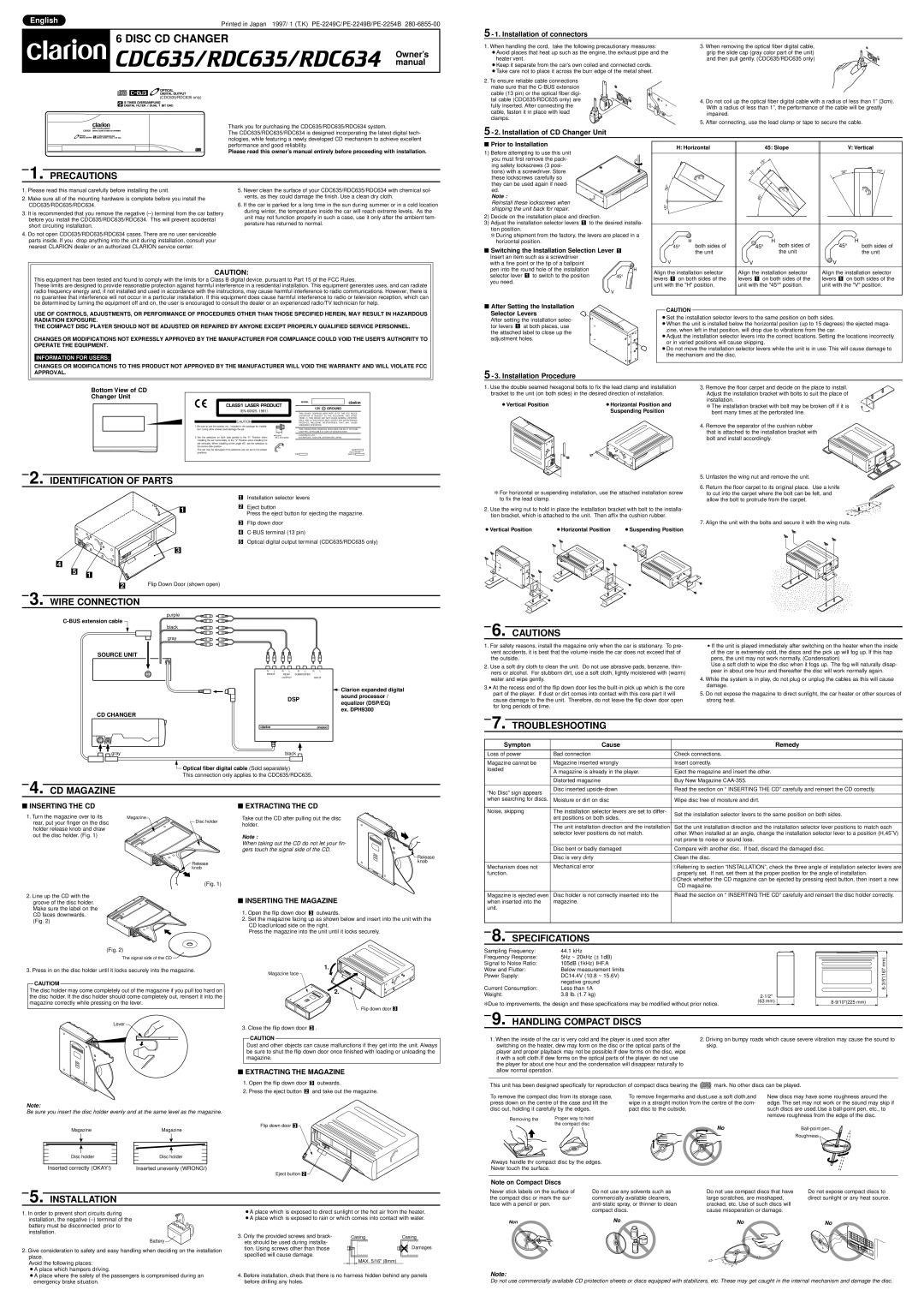 Clarion CDC635 owner manual Precautions, Identification of Parts, Wire Connection, CD Magazine Troubleshooting 