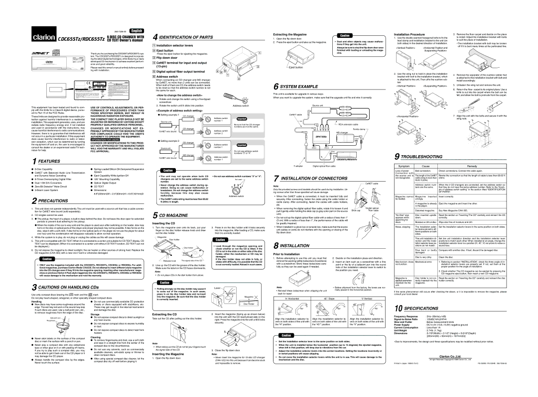 Clarion RDC655Tz specifications Identification of Parts, System Example, Features, Precautions, CD Magazine, Installation 