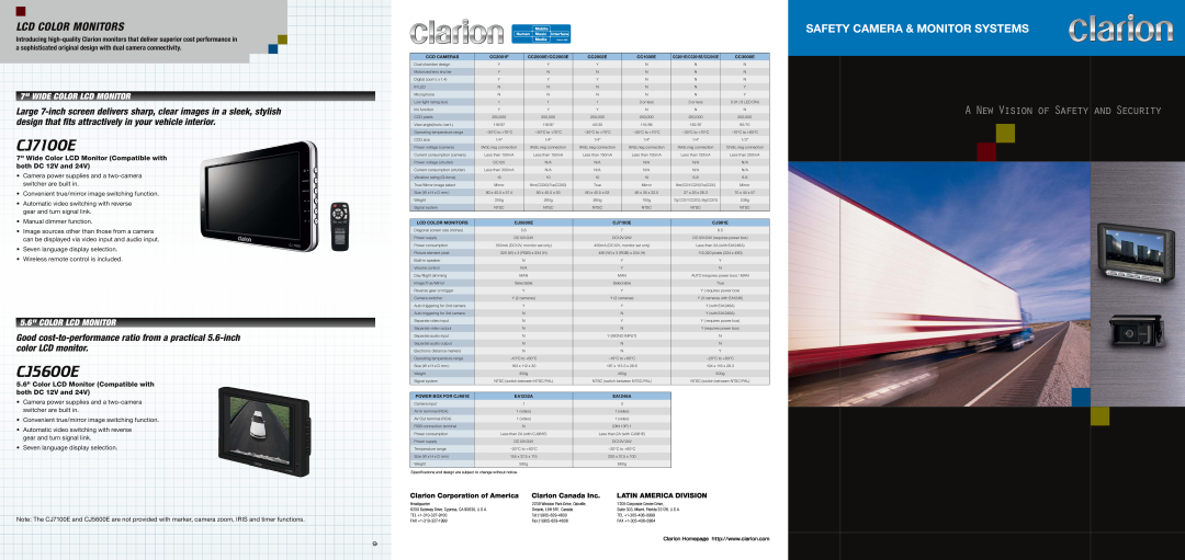 Clarion CJ7100E specifications CJ5600E, Lcd Color Monitors, A New Vision of Safety and Security 