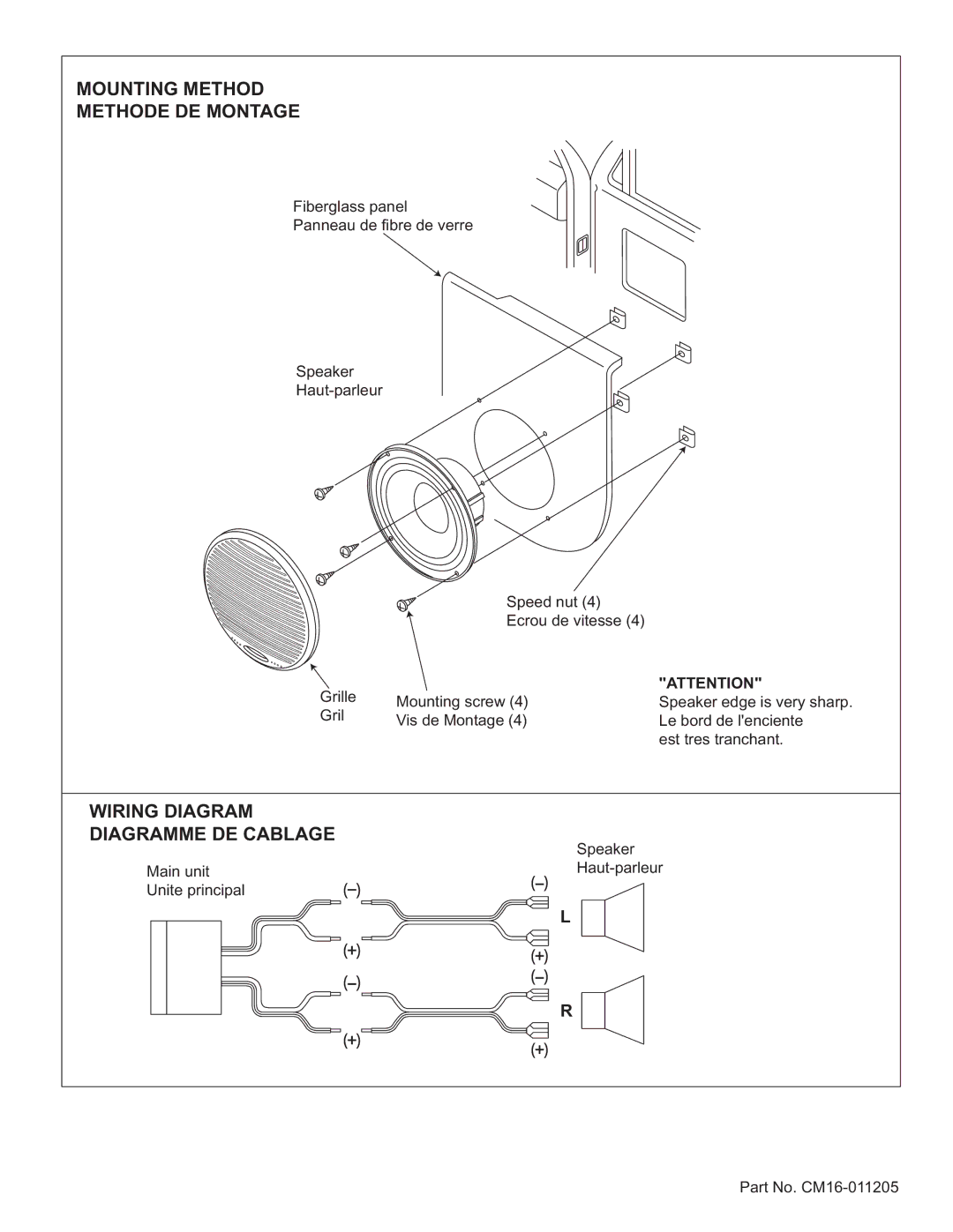 Clarion CM16-011205T manual Mounting Method Methode DE Montage, Wiring Diagram Diagramme DE Cablage 