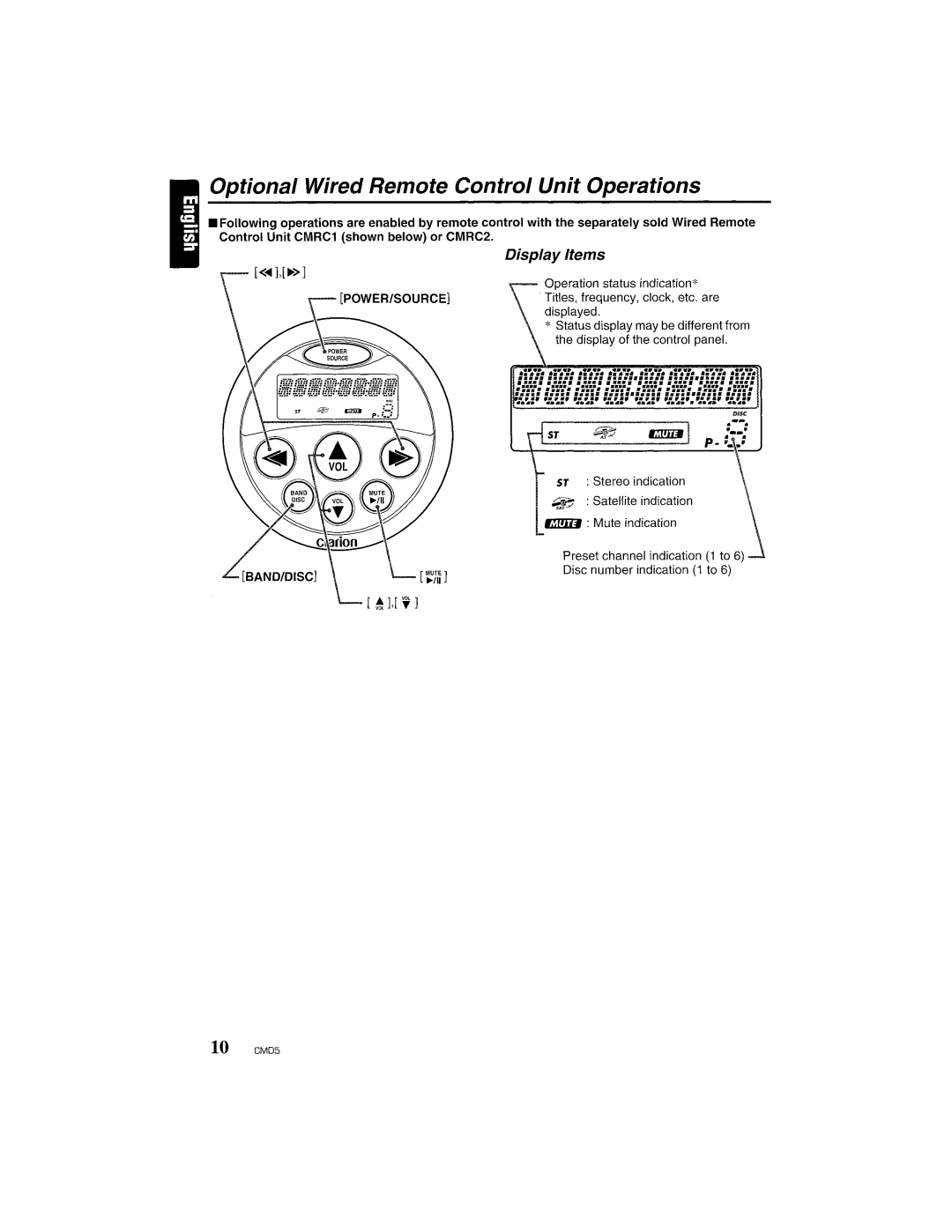 Clarion CMD5 manual Optional Wired Remote Control Unit Operations, Display Items 