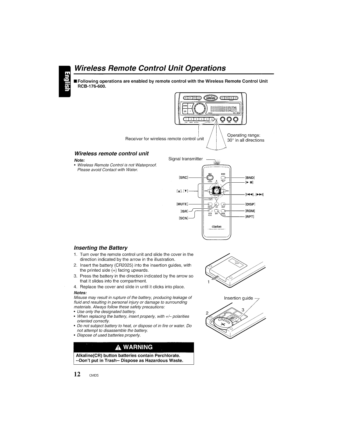 Clarion CMD5 manual Wireless remote control unit, Inserting the Battery 