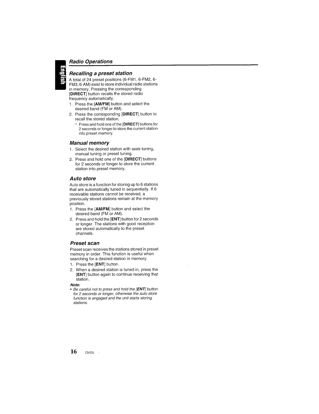 Clarion CMD5 manual Radio Operations Recalling a preset station, Manual memory, Auto store, Preset scan 