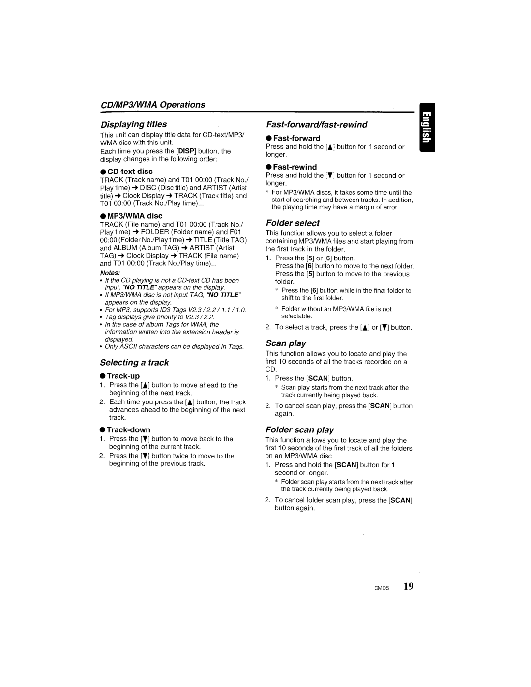 Clarion CMD5 manual CDIMP3IWMA Operations Displaying titles, Selecting a track, Fast-forwardlfast-rewind, Folder select 