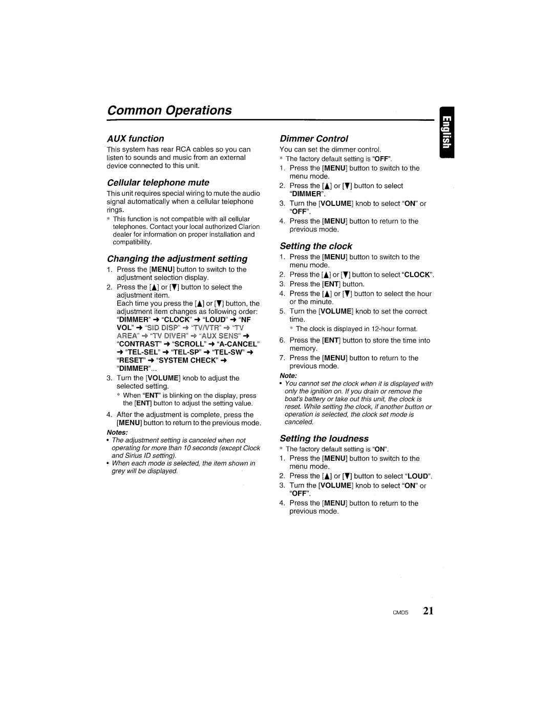 Clarion CMD5 AUX function, Cellular telephone mute, Changing the adjustment setting, Dimmer Control, Setting the clock 