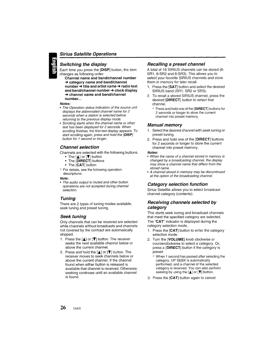 Clarion CMD5 manual Sirius Satellite Operations Switching the display, Channel selection, Recalling a preset channel 