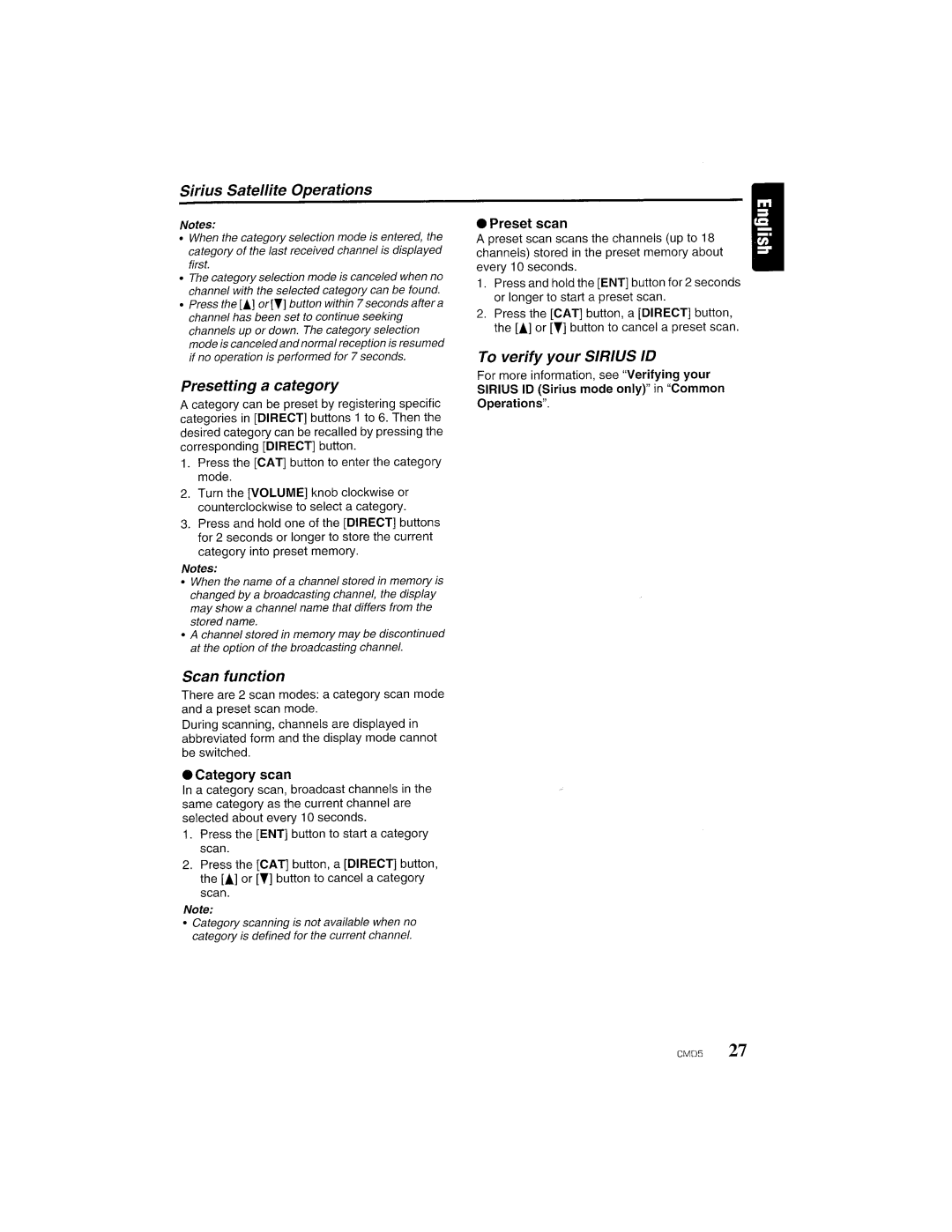 Clarion CMD5 manual Sirius Satellite Operations, Presetting a category, Scan function, To verify your Sirius ID 