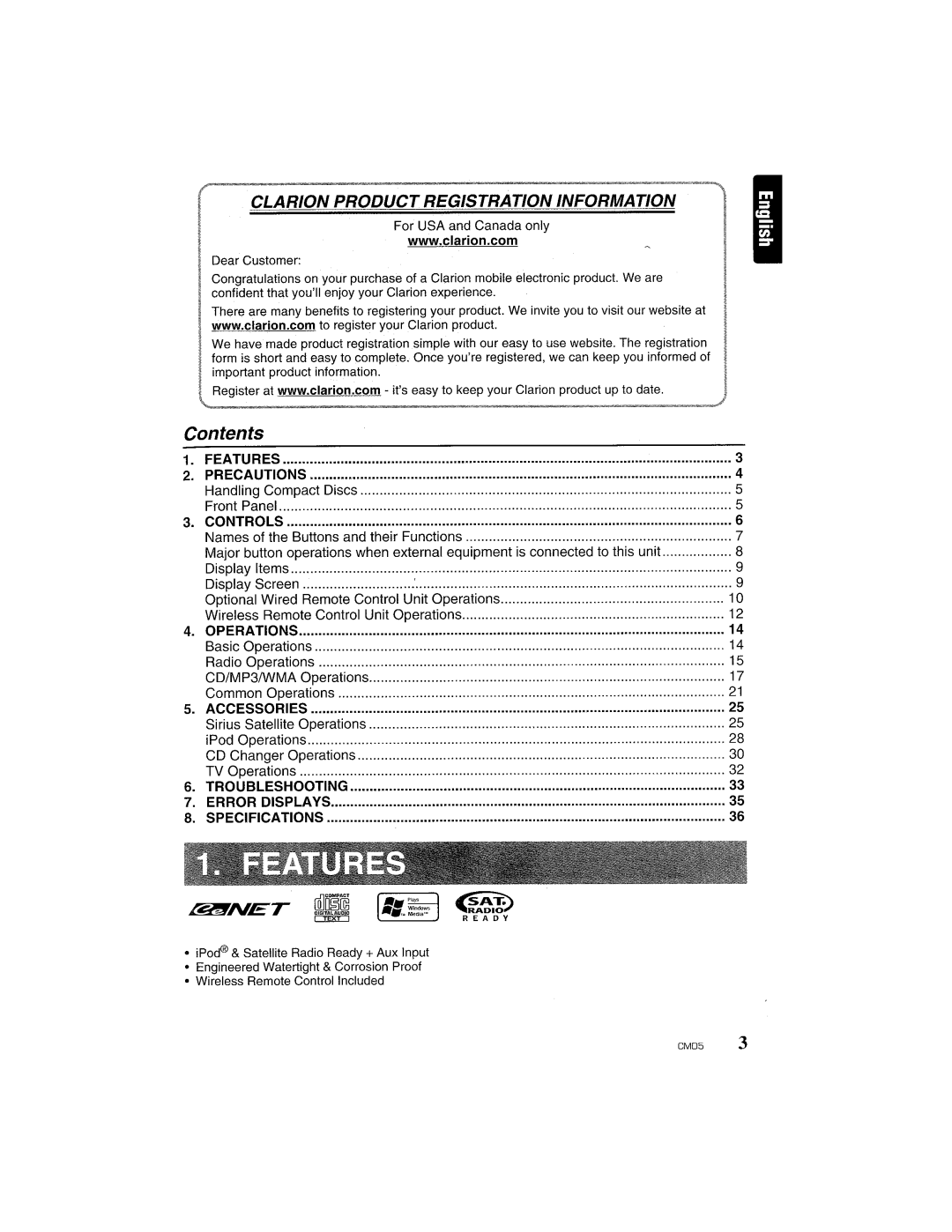 Clarion CMD5 manual Contents 