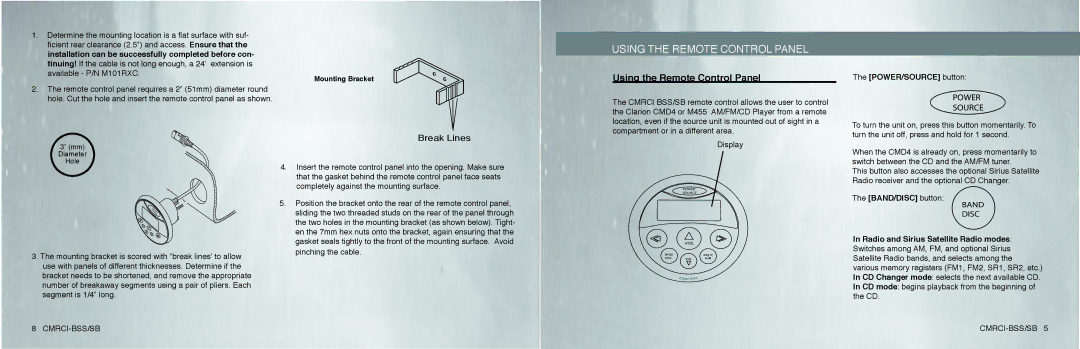 Clarion CMRSI-SB, CMRCI-BSS owner manual Using the Remote Control Panel 