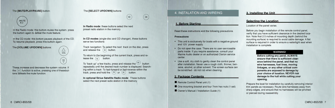 Clarion CMRCI-BSS, CMRSI-SB owner manual Instalation and Wireing 